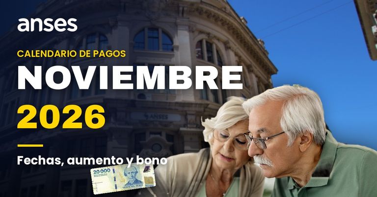 Pareja de jubilados frente a la sede de ANSES revisando el calendario de pagos de noviembre 2026