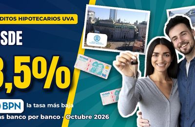 Pareja feliz con la llave de su casa, edificios de Banco Nación y Banco Ciudad y tasa desde 3,5%